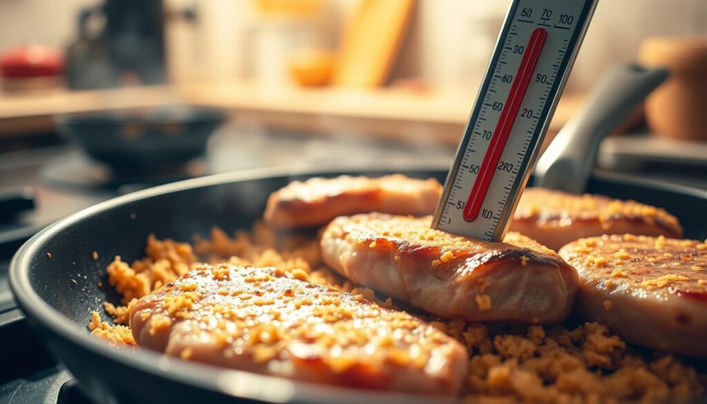 A close-up view of a frying pan on a stovetop, emphasizing the sizzle of pork cutlets being fried. The foreground features a meat thermometer inserted into one of the cutlets, highlighting the importance of temperature control while cooking. The pan is filled with golden-brown breadcrumbs creating an inviting contrast with the vibrant color of the meat. In the background, there’s a blurred kitchen scene with a focused flame beneath the pan to symbolize the importance of controlling heat. The lighting is warm and soft, creating a cozy and delicious atmosphere, reflecting the essence of home cooking. The angle captures the cooking process in detail, evoking a sense of culinary precision and care in preparing the perfect fried cutlets. A close-up view of a frying pan on a stovetop, emphasizing the sizzle of pork cutlets being fried. The foreground features a meat thermometer inserted into one of the cutlets, highlighting the importance of temperature control while cooking. The pan is filled with golden-brown breadcrumbs creating an inviting contrast with the vibrant color of the meat. In the background, there’s a blurred kitchen scene with a focused flame beneath the pan to symbolize the importance of controlling heat. The lighting is warm and soft, creating a cozy and delicious atmosphere, reflecting the essence of home cooking. The angle captures the cooking process in detail, evoking a sense of culinary precision and care in preparing the perfect fried cutlets.