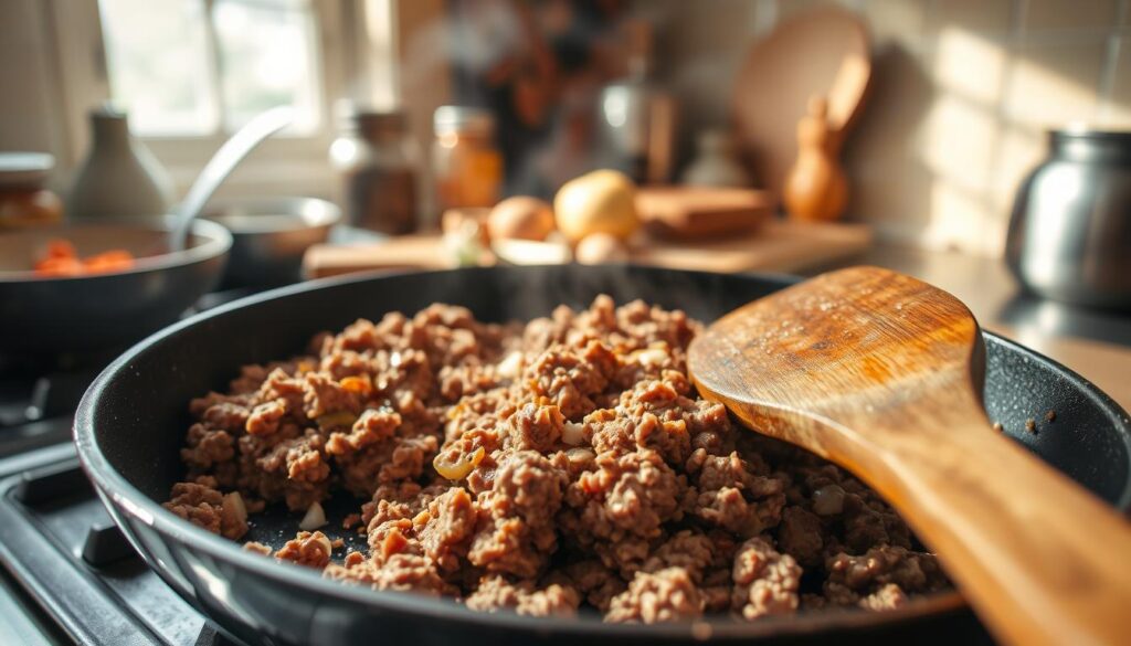 A close-up view of a frying pan sizzling on a stovetop, filled with ground meat being expertly broken apart with a wooden spatula. The foreground features the spatula in sharp detail, showing its raised texture against the glistening ground meat, which is browning invitingly. In the middle ground, the frying pan is centered, with various spices and chopped onions scattered around it, adding vibrant colors and texture. The background displays a softly blurred kitchen scene, highlighting utensils and ingredients without distraction. Warm, natural lighting streams in from a nearby window, casting a cozy atmosphere. The overall mood is inviting and instructional, perfect for showcasing the process of properly breaking down ground meat while cooking. A close-up view of a frying pan sizzling on a stovetop, filled with ground meat being expertly broken apart with a wooden spatula. The foreground features the spatula in sharp detail, showing its raised texture against the glistening ground meat, which is browning invitingly. In the middle ground, the frying pan is centered, with various spices and chopped onions scattered around it, adding vibrant colors and texture. The background displays a softly blurred kitchen scene, highlighting utensils and ingredients without distraction. Warm, natural lighting streams in from a nearby window, casting a cozy atmosphere. The overall mood is inviting and instructional, perfect for showcasing the process of properly breaking down ground meat while cooking.