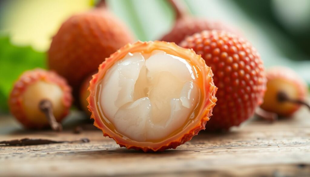 A close-up view of a halved ripe lychee fruit, showcasing its lustrous, pearly-white flesh glistening with juice. The scene should highlight the delicate, translucent texture of the fruit, revealing its glossy surface and subtle sheen under soft, natural lighting. In the foreground, the lychee is placed on a rustic wooden table, surrounded by a few whole lychee fruits with their rough, reddish-brown skins still intact, providing contrast. The background is softly blurred, hinting at a vibrant green leaf or a tropical setting, evoking a fresh and exotic atmosphere. The angle should be slightly tilted to emphasize the fruit's shape and the fine details of its flesh, creating an inviting and mouth-watering composition.