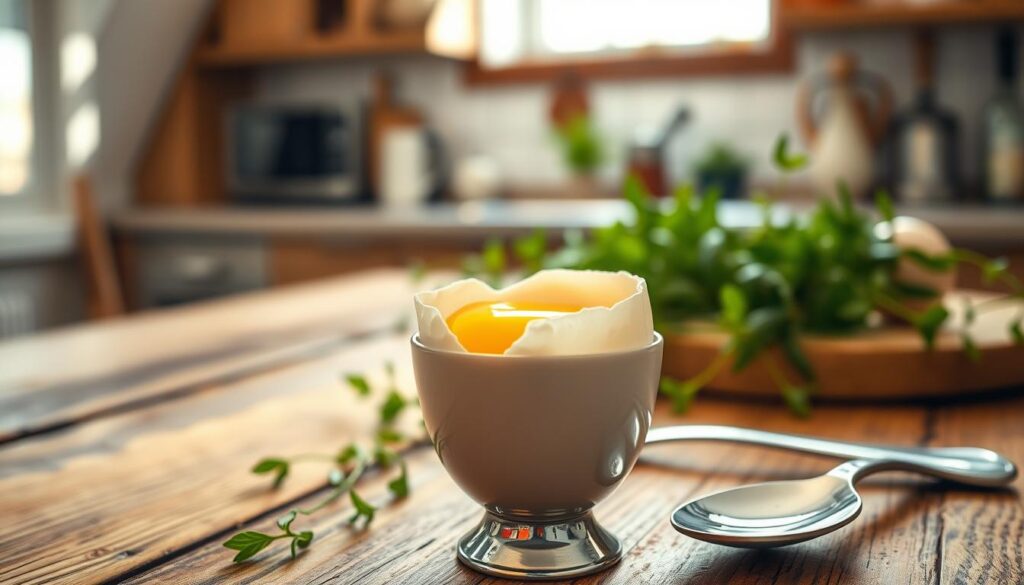 A close-up view of a perfectly boiled soft egg, with a cracked shell revealing the runny yolk and softly set white. The foreground captures the egg in an elegant egg cup, with a shiny spoon beside it. The middle layer features a rustic wooden table, adorned with greens and herbs that enhance the atmosphere. In the background, a subtle kitchen scene is softly blurred, evoking a warm and cozy environment, lit by soft, natural light streaming through a nearby window. The image should portray a sense of culinary mastery and comfort, inviting viewers to explore the art of egg cooking.