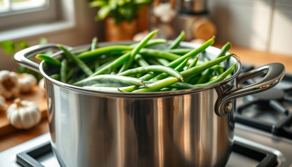 A close-up view of a pot simmering on a stove, filled with vibrant green string beans, showcasing their fresh, crisp texture. The pot is stainless steel, reflecting soft light, and steam gently rises from the surface. Surrounding the pot, a wooden countertop displays a few ingredients, like garlic and herbs, in a natural, homey kitchen setting. In the background, soft, diffused natural light shines through a window, creating a warm, inviting atmosphere. The focus is on the pot, with a shallow depth of field blurring the background slightly, emphasizing the freshness and allure of the green beans. The scene conveys a sense of wholesome cooking and the joy of preparing healthy meals.