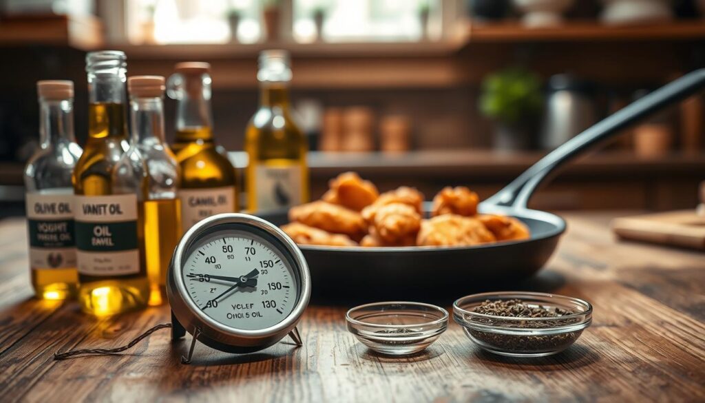A close-up view of a rustic wooden kitchen countertop featuring a frying pan filled with golden-brown, crispy fried chicken. Surrounding the pan, display a variety of oils in elegant glass containers, clearly labeled with their names like olive oil, vegetable oil, and canola oil. In the foreground, an accurate kitchen thermometer showing the ideal frying temperature, around 350°F (175°C), is nestled alongside a small bowl of herbs and spices for seasoning. The background should gently fade to a warm, inviting kitchen with subtle lighting casting a soft glow, enhancing the mood of a homey cooking atmosphere. Capture this scene from a slightly elevated angle, focusing on the oils and thermometer to emphasize the theme of temperature and fat selection for frying.