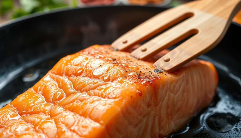 A close-up view of a salmon fillet sizzling in a skillet, showcasing the skin side being seared to a golden-brown perfection. The foreground features the textured skin glistening with oil, while the salmon's pink flesh is visible through the transparent edges. In the middle ground, a wooden spatula gently presses down on the fillet, allowing the skin to crisp up. The background includes a softly blurred kitchen setting with herbs and spices subtly arranged, hinting at flavors to come. The lighting is warm and inviting, highlighting the sheen of the fish and the vibrant colors of the ingredients. The angle is slightly above the skillet, capturing the delicious details of the cooking process and creating an atmosphere of culinary expertise and comfort. A close-up view of a salmon fillet sizzling in a skillet, showcasing the skin side being seared to a golden-brown perfection. The foreground features the textured skin glistening with oil, while the salmon's pink flesh is visible through the transparent edges. In the middle ground, a wooden spatula gently presses down on the fillet, allowing the skin to crisp up. The background includes a softly blurred kitchen setting with herbs and spices subtly arranged, hinting at flavors to come. The lighting is warm and inviting, highlighting the sheen of the fish and the vibrant colors of the ingredients. The angle is slightly above the skillet, capturing the delicious details of the cooking process and creating an atmosphere of culinary expertise and comfort.