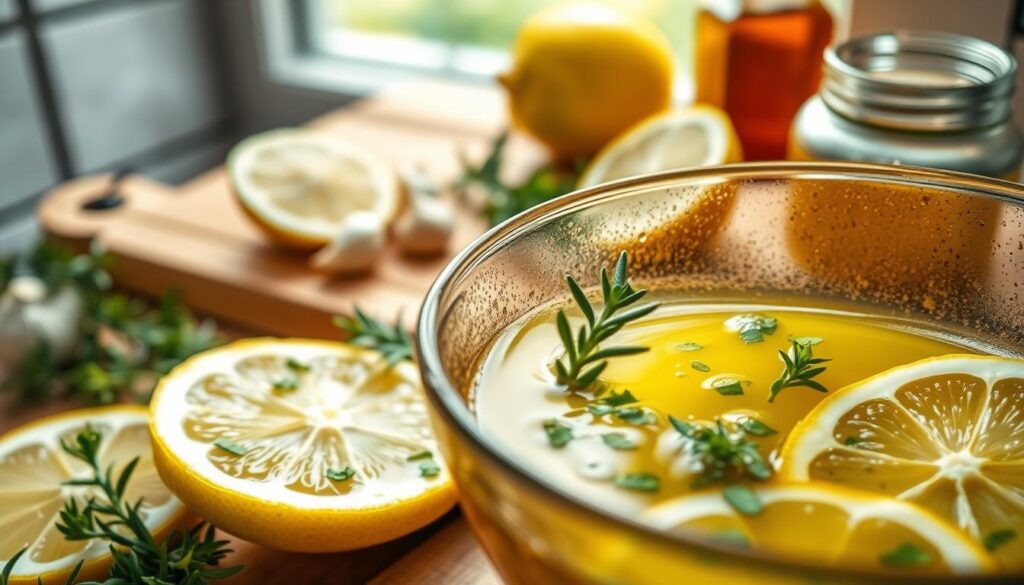 A close-up view of a vibrant, lemon-herb marinade featuring olive oil and fresh thyme. The foreground showcases a glass bowl filled with the rich, golden marinade, glistening with droplets of oil and speckled with bright green thyme leaves. Surrounding the bowl, slices of fresh lemon and sprigs of thyme add a pop of color and freshness. In the middle ground, a wooden cutting board holds additional ingredients like garlic cloves and a small jar of honey, subtly enhancing the rustic kitchen atmosphere. The background is softly blurred, evoking a warm and inviting kitchen setting with gentle, diffused natural light spilling in from a nearby window. The overall mood is fresh, vibrant, and appetizing, inviting viewers to explore the flavors of this delightful marinade. A close-up view of a vibrant, lemon-herb marinade featuring olive oil and fresh thyme. The foreground showcases a glass bowl filled with the rich, golden marinade, glistening with droplets of oil and speckled with bright green thyme leaves. Surrounding the bowl, slices of fresh lemon and sprigs of thyme add a pop of color and freshness. In the middle ground, a wooden cutting board holds additional ingredients like garlic cloves and a small jar of honey, subtly enhancing the rustic kitchen atmosphere. The background is softly blurred, evoking a warm and inviting kitchen setting with gentle, diffused natural light spilling in from a nearby window. The overall mood is fresh, vibrant, and appetizing, inviting viewers to explore the flavors of this delightful marinade.