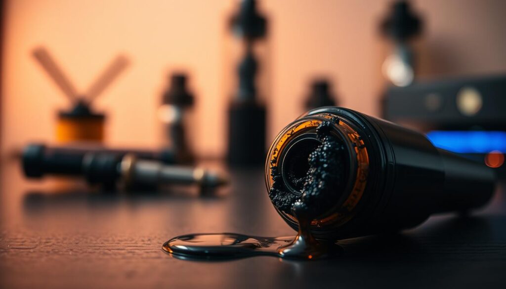 A close-up view of an electronic cigarette with a focus on the burnt coil and e-liquid residue, showcasing a darkened and charred appearance of the atomizer. The foreground features the e-cigarette in sharp detail, capturing the texture of burnt material and drops of wasted e-liquid in rich, vibrant colors. In the middle area, a blurred background of a modern vaping setup with soft, ambient lighting creates a cozy yet technical atmosphere, emphasizing the high-tech nature of e-cigarettes. The lighting should be warm and inviting, giving a sense of curiosity. The overall mood is reflective and educational, inviting viewers to contemplate the issues associated with burnt flavors in vaping. No text or logos should be included. A close-up view of an electronic cigarette with a focus on the burnt coil and e-liquid residue, showcasing a darkened and charred appearance of the atomizer. The foreground features the e-cigarette in sharp detail, capturing the texture of burnt material and drops of wasted e-liquid in rich, vibrant colors. In the middle area, a blurred background of a modern vaping setup with soft, ambient lighting creates a cozy yet technical atmosphere, emphasizing the high-tech nature of e-cigarettes. The lighting should be warm and inviting, giving a sense of curiosity. The overall mood is reflective and educational, inviting viewers to contemplate the issues associated with burnt flavors in vaping. No text or logos should be included.