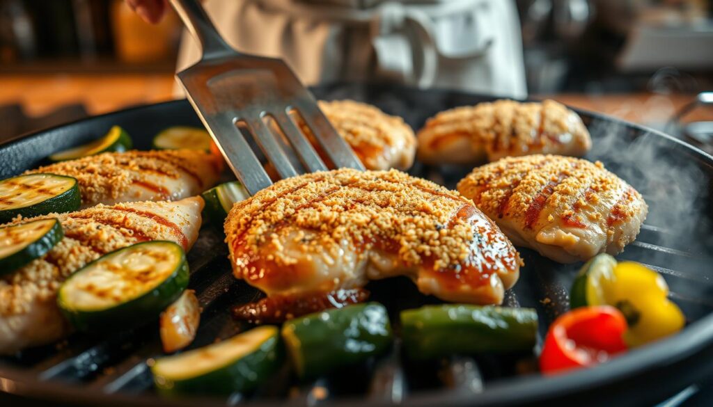 A close-up view of chicken breasts being fried in a light golden breadcrumb coating on a grill pan, with the grill marks creating a visually appealing pattern. The vegetables—zucchini and bell peppers—are sizzling alongside the chicken, all surrounded by a soft mist of steam rising to suggest freshness. In the foreground, there's a cook gently flipping the chicken with a spatula, wearing a simple, modest apron. In the background, there are hints of a cozy kitchen atmosphere, with warm, diffused lighting enhancing the inviting mood. The angle should be a slightly elevated shot, focusing on the vibrant colors and textures of the food, evoking a sense of appetizing warmth and home-cooked comfort. A close-up view of chicken breasts being fried in a light golden breadcrumb coating on a grill pan, with the grill marks creating a visually appealing pattern. The vegetables—zucchini and bell peppers—are sizzling alongside the chicken, all surrounded by a soft mist of steam rising to suggest freshness. In the foreground, there's a cook gently flipping the chicken with a spatula, wearing a simple, modest apron. In the background, there are hints of a cozy kitchen atmosphere, with warm, diffused lighting enhancing the inviting mood. The angle should be a slightly elevated shot, focusing on the vibrant colors and textures of the food, evoking a sense of appetizing warmth and home-cooked comfort.