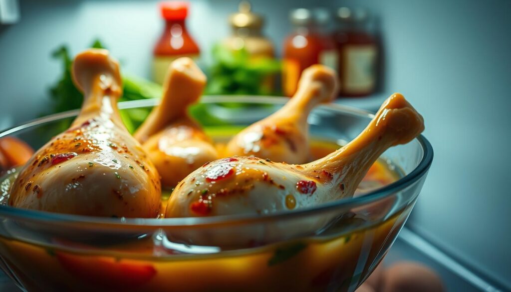 A close-up view of chicken drumsticks marinating in a glass bowl, placed inside a refrigerator. The bowl is filled with a flavorful marinade, glistening with spices and herbs, showcasing vibrant colors. Soft, cool lighting illuminates the scene, creating a fresh, appetizing atmosphere. In the background, the shelves of the refrigerator can be seen, lined with fresh vegetables and condiments, enhancing the culinary theme. The angle is slightly tilted, giving a dynamic perspective that makes the chicken the focal point. A subtle condensation on the glass adds to the realism, evoking the chill of the fridge and the anticipation of cooking. The overall mood is inviting and homey, perfect for a cooking context.