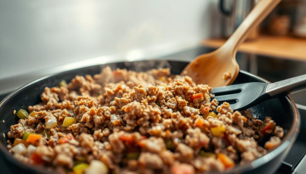 A close-up view of cooked ground meat sizzling in a non-stick frying pan. The meat is finely crumbled, showing a juicy texture with golden-brown edges. In the foreground, there are well-cooked vegetable pieces, like diced onions and bell peppers, blending with the meat. The middle ground features the frying pan on a modern stove, with a spatula gently stirring the mixture, capturing the motion of breaking apart the meat. In the background, soft kitchen lighting creates a warm ambiance, illuminating the steam rising from the pan. The angle is from slightly above, emphasizing the sizzling action while providing a mouth-watering appearance. The overall atmosphere is inviting and homey, perfect for a cooking showcase. A close-up view of cooked ground meat sizzling in a non-stick frying pan. The meat is finely crumbled, showing a juicy texture with golden-brown edges. In the foreground, there are well-cooked vegetable pieces, like diced onions and bell peppers, blending with the meat. The middle ground features the frying pan on a modern stove, with a spatula gently stirring the mixture, capturing the motion of breaking apart the meat. In the background, soft kitchen lighting creates a warm ambiance, illuminating the steam rising from the pan. The angle is from slightly above, emphasizing the sizzling action while providing a mouth-watering appearance. The overall atmosphere is inviting and homey, perfect for a cooking showcase.