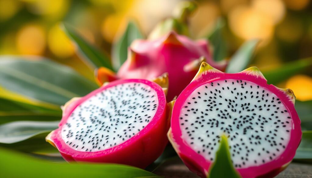 A close-up view of fresh, vibrant dragon fruit, showcasing its soft, textured flesh filled with tiny, edible black seeds. The bright pink exterior contrasts sharply with the white and speckled insides, creating an appetizing and inviting appearance. The foreground should focus on a sliced half of the fruit, revealing the intricate details of the juicy flesh and seeds. In the middle ground, place a whole dragon fruit surrounded by fresh green leaves, emphasizing its tropical origins. The background should be softly blurred, suggesting a natural setting with warm, soft lighting, evoking a fresh and summery atmosphere. Use a shallow depth of field to draw attention to the details of the fruit's texture and vibrant colors. A close-up view of fresh, vibrant dragon fruit, showcasing its soft, textured flesh filled with tiny, edible black seeds. The bright pink exterior contrasts sharply with the white and speckled insides, creating an appetizing and inviting appearance. The foreground should focus on a sliced half of the fruit, revealing the intricate details of the juicy flesh and seeds. In the middle ground, place a whole dragon fruit surrounded by fresh green leaves, emphasizing its tropical origins. The background should be softly blurred, suggesting a natural setting with warm, soft lighting, evoking a fresh and summery atmosphere. Use a shallow depth of field to draw attention to the details of the fruit's texture and vibrant colors.