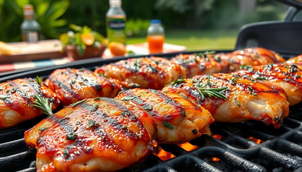 A close-up view of marinated chicken breasts sizzling on a barbecue grill, capturing the mouth-watering glaze of herbs and honey. The foreground features succulent chicken pieces with grill marks, glistening with a glossy marinade, showcasing vibrant ingredients like sprigs of rosemary and thyme. The middle ground presents the grill with charcoal flames licking upwards, casting a warm, golden light on the chicken. In the background, a serene outdoor setting is visible, complete with lush greenery and blurred picnic elements, enhancing the summer BBQ atmosphere. The scene is brightly lit, emphasizing the fresh ingredients, with a slight steam rising from the grill, creating an inviting and delicious vibe, perfect for a cookout. A close-up view of marinated chicken breasts sizzling on a barbecue grill, capturing the mouth-watering glaze of herbs and honey. The foreground features succulent chicken pieces with grill marks, glistening with a glossy marinade, showcasing vibrant ingredients like sprigs of rosemary and thyme. The middle ground presents the grill with charcoal flames licking upwards, casting a warm, golden light on the chicken. In the background, a serene outdoor setting is visible, complete with lush greenery and blurred picnic elements, enhancing the summer BBQ atmosphere. The scene is brightly lit, emphasizing the fresh ingredients, with a slight steam rising from the grill, creating an inviting and delicious vibe, perfect for a cookout.