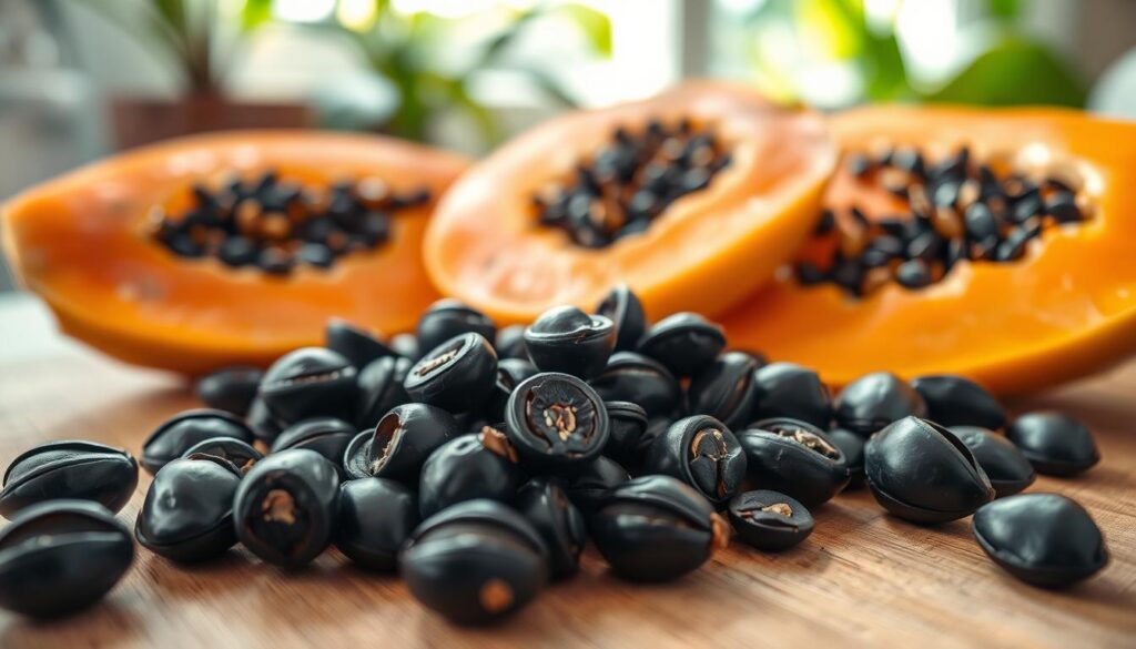 A close-up view of papaya seeds, glistening with a rich black hue and surrounded by the vibrant orange flesh of a freshly cut papaya. In the foreground, several seeds are scattered atop a wooden cutting board, with some half-embedded in the luscious fruit. The middle ground features slices of ripe papaya resting at an angle, revealing the contrasting textures of the soft flesh and the shiny seeds. A soft, natural light illuminates the scene from the left, creating gentle shadows that add depth. The background is softly blurred, hinting at a tropical kitchen setting with hints of greenery, evoking a fresh and inviting atmosphere. The mood is refreshing and appetizing, emphasizing the question of edibility and culinary potential of papaya seeds. A close-up view of papaya seeds, glistening with a rich black hue and surrounded by the vibrant orange flesh of a freshly cut papaya. In the foreground, several seeds are scattered atop a wooden cutting board, with some half-embedded in the luscious fruit. The middle ground features slices of ripe papaya resting at an angle, revealing the contrasting textures of the soft flesh and the shiny seeds. A soft, natural light illuminates the scene from the left, creating gentle shadows that add depth. The background is softly blurred, hinting at a tropical kitchen setting with hints of greenery, evoking a fresh and inviting atmosphere. The mood is refreshing and appetizing, emphasizing the question of edibility and culinary potential of papaya seeds.