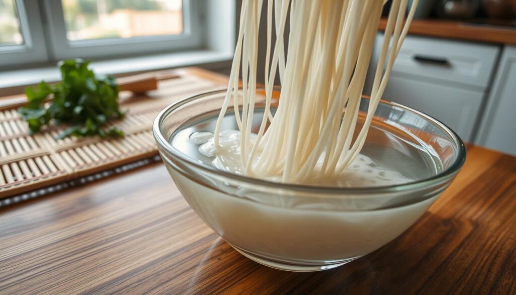 A close-up view of rice noodles being soaked in a clear bowl filled with warm water, capturing the delicate texture and translucent quality of the noodles. The scene is set on a polished wooden kitchen counter, with a simple bamboo mat and a small pile of fresh herbs nearby, adding an Asian culinary touch. Soft, natural lighting illuminates the scene from a window in the background, casting gentle shadows that enhance the details of the noodles. The angle is slightly elevated, focusing on the interaction between the noodles and water, evoking a calm and inviting atmosphere, ideal for a culinary guide. A close-up view of rice noodles being soaked in a clear bowl filled with warm water, capturing the delicate texture and translucent quality of the noodles. The scene is set on a polished wooden kitchen counter, with a simple bamboo mat and a small pile of fresh herbs nearby, adding an Asian culinary touch. Soft, natural lighting illuminates the scene from a window in the background, casting gentle shadows that enhance the details of the noodles. The angle is slightly elevated, focusing on the interaction between the noodles and water, evoking a calm and inviting atmosphere, ideal for a culinary guide.