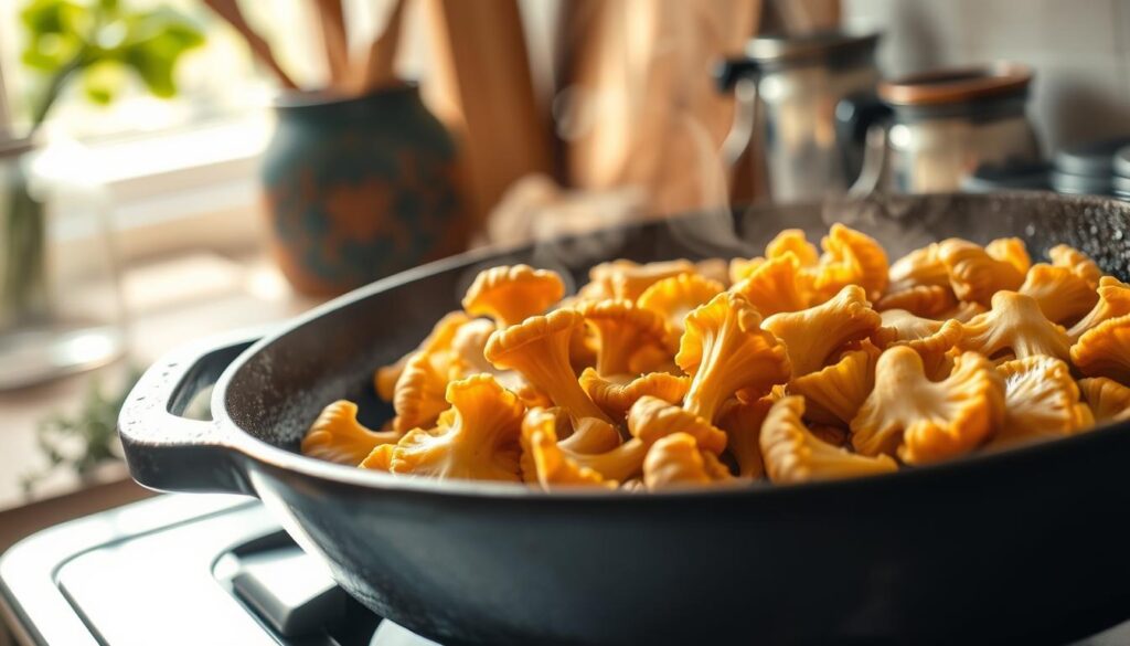 A close-up view of sautéing chanterelle mushrooms in a skillet on a stovetop. The scene captures golden-brown, freshly-harvested chanterelles glistening with butter as they fry, with steam gently rising from the pan. The skillet is made of cast iron, showcasing the rustic charm of home cooking. In the background, a softly blurred kitchen setting enhances the culinary atmosphere. Natural sunlight spills from a window, casting warm, inviting light across the scene. The focus is sharp on the mushrooms, while the background features kitchen utensils and herbs for added texture. The overall mood is warm and cozy, perfect for a cooking article, conveying a sense of homely comfort and delicious anticipation. A close-up view of sautéing chanterelle mushrooms in a skillet on a stovetop. The scene captures golden-brown, freshly-harvested chanterelles glistening with butter as they fry, with steam gently rising from the pan. The skillet is made of cast iron, showcasing the rustic charm of home cooking. In the background, a softly blurred kitchen setting enhances the culinary atmosphere. Natural sunlight spills from a window, casting warm, inviting light across the scene. The focus is sharp on the mushrooms, while the background features kitchen utensils and herbs for added texture. The overall mood is warm and cozy, perfect for a cooking article, conveying a sense of homely comfort and delicious anticipation.