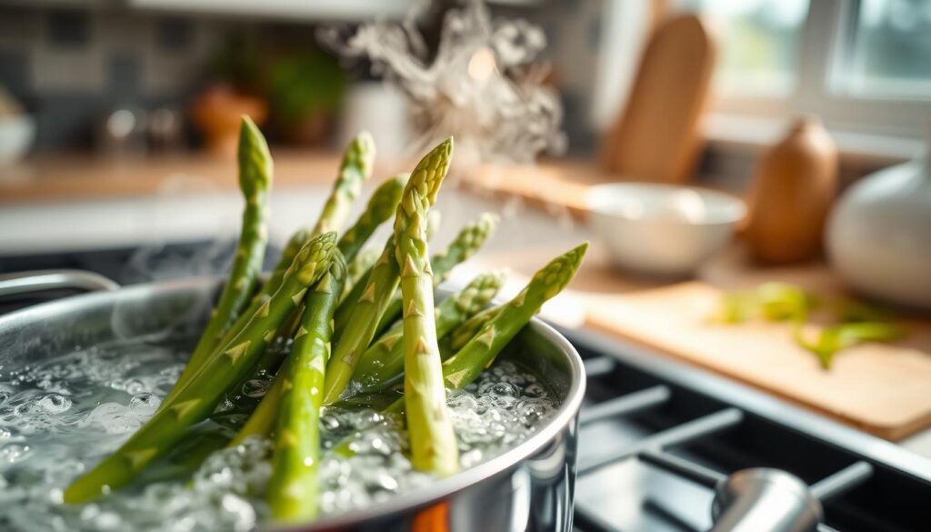 A close-up view of vibrant green and white asparagus spears being boiled in a stainless steel pot on a modern stovetop. The pot is filled with bubbling water, and the asparagus is partially submerged, showcasing the rich green and pale white colors. In the foreground, focus on the texture of the asparagus and the steam rising from the hot water, creating a warm and inviting atmosphere. The background features a softly blurred kitchen setting with natural light streaming in through a window, illuminating the scene and enhancing the freshness of the ingredients. The composition reflects a sense of culinary artistry and wholesome home cooking. A close-up view of vibrant green and white asparagus spears being boiled in a stainless steel pot on a modern stovetop. The pot is filled with bubbling water, and the asparagus is partially submerged, showcasing the rich green and pale white colors. In the foreground, focus on the texture of the asparagus and the steam rising from the hot water, creating a warm and inviting atmosphere. The background features a softly blurred kitchen setting with natural light streaming in through a window, illuminating the scene and enhancing the freshness of the ingredients. The composition reflects a sense of culinary artistry and wholesome home cooking.
