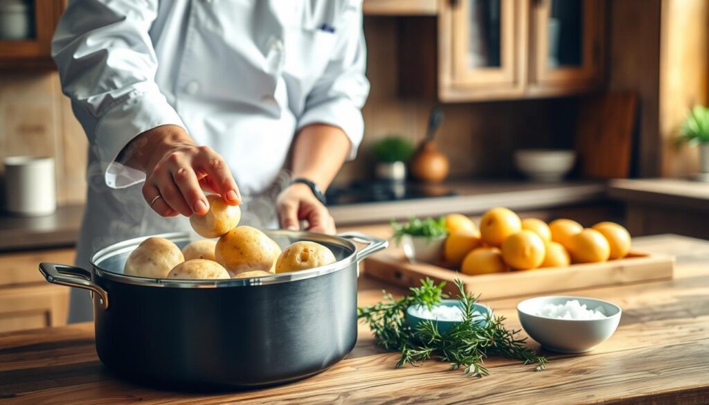 A cozy kitchen scene featuring a professional chef in a crisp white uniform and apron, focused on preparing potatoes in their skins using a steaming pot. The foreground shows the chef carefully placing whole potatoes into a sleek, modern steamer, with hints of steam escaping from the pot. In the middle ground, a wooden countertop is adorned with fresh herbs like rosemary and thyme, alongside a small bowl of sea salt for seasoning. The background reveals a warm, inviting kitchen with soft natural light filtering through a window, highlighting the kitchen's rustic wooden cabinets. The atmosphere is calm and nourishing, emphasizing the joy of cooking healthy, flavorful meals. The composition captures the essence of cooking with care, showcasing the beauty of simple ingredients prepared in a wholesome manner. A cozy kitchen scene featuring a professional chef in a crisp white uniform and apron, focused on preparing potatoes in their skins using a steaming pot. The foreground shows the chef carefully placing whole potatoes into a sleek, modern steamer, with hints of steam escaping from the pot. In the middle ground, a wooden countertop is adorned with fresh herbs like rosemary and thyme, alongside a small bowl of sea salt for seasoning. The background reveals a warm, inviting kitchen with soft natural light filtering through a window, highlighting the kitchen's rustic wooden cabinets. The atmosphere is calm and nourishing, emphasizing the joy of cooking healthy, flavorful meals. The composition captures the essence of cooking with care, showcasing the beauty of simple ingredients prepared in a wholesome manner.