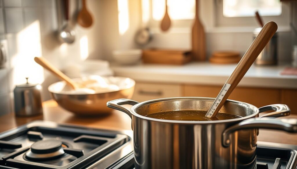 A cozy kitchen scene focused on preparing fat for frying doughnuts. In the foreground, a pot filled with glistening, golden oil sits on a stovetop. A wooden spoon rests nearby, while a thermometer is inserted into the oil, showing the ideal frying temperature. In the middle ground, a countertop displays a bowl of dough prepared for doughnuts, dusted with flour, and rising. Soft, warm lighting illuminates the scene, creating a welcoming atmosphere. The background features kitchen utensils hanging on a wall and a window allowing gentle sunlight to filter in, enhancing the homey feel. Emphasize the inviting ambiance, with a sense of anticipation for the delicious doughnuts to come.