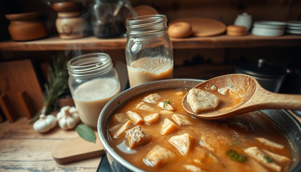 A cozy kitchen scene showcasing the process of adding homemade sour rye starter to a pot of simmering żurek (sour rye soup) with white sausage. In the foreground, a wooden spoon is stirring the thick, hearty soup, revealing chunks of sausage and herbs. The middle ground features a glass jar of thick, bubbling zakwas, alongside fresh ingredients like garlic and bay leaves. Soft, warm lighting floods the scene, creating a homely atmosphere. In the background, rustic wooden shelves display traditional Polish kitchenware, enhancing the cultural context. The angle captures the action from above, immersing viewers in the cooking experience. Overall, the mood is inviting and festive, perfect for a family gathering. A cozy kitchen scene showcasing the process of adding homemade sour rye starter to a pot of simmering żurek (sour rye soup) with white sausage. In the foreground, a wooden spoon is stirring the thick, hearty soup, revealing chunks of sausage and herbs. The middle ground features a glass jar of thick, bubbling zakwas, alongside fresh ingredients like garlic and bay leaves. Soft, warm lighting floods the scene, creating a homely atmosphere. In the background, rustic wooden shelves display traditional Polish kitchenware, enhancing the cultural context. The angle captures the action from above, immersing viewers in the cooking experience. Overall, the mood is inviting and festive, perfect for a family gathering.