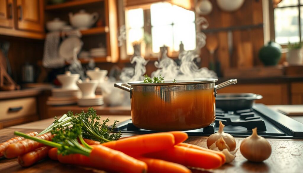 A cozy kitchen scene where a pot of broth is simmering on the stove, steam rising from the surface. In the foreground, a wooden table is adorned with fresh ingredients: vibrant carrots, celery, and onions, all prepared and waiting. The middle ground features the pot, glossy with simmering liquid, while herbs are sprinkled on top, adding a burst of color. In the background, a window lets in warm, natural light, illuminating the rustic kitchen atmosphere with wooden cabinets and ceramic dishes. The overall mood is warm and inviting, evoking comfort and home cooking, capturing the essence of making traditional chicken broth from cold water. The angle is slightly overhead, focusing on the details of the ingredients and the bubbling pot, creating a sense of culinary magic in the air. A cozy kitchen scene where a pot of broth is simmering on the stove, steam rising from the surface. In the foreground, a wooden table is adorned with fresh ingredients: vibrant carrots, celery, and onions, all prepared and waiting. The middle ground features the pot, glossy with simmering liquid, while herbs are sprinkled on top, adding a burst of color. In the background, a window lets in warm, natural light, illuminating the rustic kitchen atmosphere with wooden cabinets and ceramic dishes. The overall mood is warm and inviting, evoking comfort and home cooking, capturing the essence of making traditional chicken broth from cold water. The angle is slightly overhead, focusing on the details of the ingredients and the bubbling pot, creating a sense of culinary magic in the air.