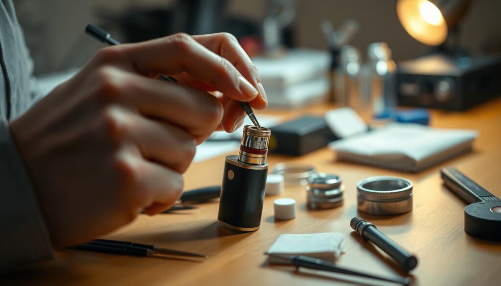 A detailed, close-up image of an e-cigarette being serviced, focusing on the act of replacing a burnt coil. In the foreground, showcase a hand in professional casual clothing carefully holding the device, with tools like tweezers and cotton pads nearby. The middle ground should feature the e-cigarette with a visibly burnt coil being removed, surrounded by clean, organized accessories. The background should have a softly blurred workbench, illuminated by warm, focused lighting that emphasizes the atmosphere of a meticulous vaping setup. The overall mood should convey a sense of precision and care, highlighting the importance of maintaining vaping equipment for the best experience. A detailed, close-up image of an e-cigarette being serviced, focusing on the act of replacing a burnt coil. In the foreground, showcase a hand in professional casual clothing carefully holding the device, with tools like tweezers and cotton pads nearby. The middle ground should feature the e-cigarette with a visibly burnt coil being removed, surrounded by clean, organized accessories. The background should have a softly blurred workbench, illuminated by warm, focused lighting that emphasizes the atmosphere of a meticulous vaping setup. The overall mood should convey a sense of precision and care, highlighting the importance of maintaining vaping equipment for the best experience.