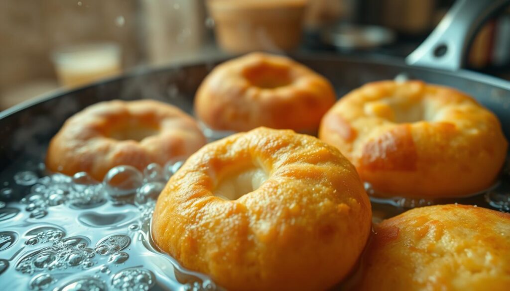 A detailed close-up of freshly fried pączki, showcasing their golden-brown exterior with a perfectly crisp texture, highlighting a soft and fluffy interior. The foreground features a frying pan filled with bubbling oil, with a couple of pączki partially submerged, and others gently rising to the surface. In the background, a kitchen setting with warm, inviting lighting creates a cozy atmosphere, illuminating the process of frying. A sprinkle of flour dust can be seen in the air, adding to the authenticity of the cooking scene. The angle is slightly overhead, providing a clear view of the pączki's colors and textures, while a subtle glow from the oil highlights their appealing shape and golden edges, evoking a sense of comfort and culinary expertise.