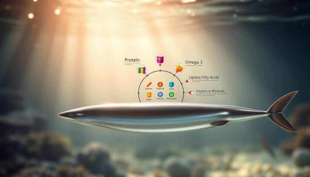 A detailed illustration of the nutritional values of European eel (miętus), showcasing its rich anatomy in an artistic, informative way. In the foreground, display a sleek, realistically detailed European eel, glistening under soft, natural lighting that highlights its smooth, elongated body. In the middle, incorporate a beautifully arranged infographic, featuring colorful icons representing key nutrients such as protein, omega-3 fatty acids, vitamins, and minerals, effectively organized around the eel. In the background, create a serene underwater scene with gentle light filtering through water, adding a tranquil atmosphere. Use a subtle depth of field to keep focus on the eel and infographics while creating a harmonious blend of nature and nutrition. A detailed illustration of the nutritional values of European eel (miętus), showcasing its rich anatomy in an artistic, informative way. In the foreground, display a sleek, realistically detailed European eel, glistening under soft, natural lighting that highlights its smooth, elongated body. In the middle, incorporate a beautifully arranged infographic, featuring colorful icons representing key nutrients such as protein, omega-3 fatty acids, vitamins, and minerals, effectively organized around the eel. In the background, create a serene underwater scene with gentle light filtering through water, adding a tranquil atmosphere. Use a subtle depth of field to keep focus on the eel and infographics while creating a harmonious blend of nature and nutrition.