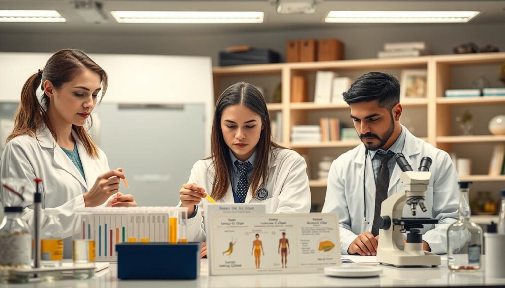 A detailed visual representation of a laboratory setting focused on analyzing unusual urine odors. In the foreground, a diverse team of three professionals, a woman in a lab coat and two men in business casual attire, examine samples under bright fluorescent lights. The middle ground features a counter with laboratory equipment like test tubes, a microscope, and charts displaying potential causes of urine odor, such as diet and health conditions. The background subtly fades into shelves filled with medical books and botanical specimens, hinting at natural causes for the odors. The atmosphere is clinical yet engaging, with a soft focus to emphasize the team’s concentration. The overall color palette is clean and bright, evoking a sense of professionalism and curiosity about the topic.