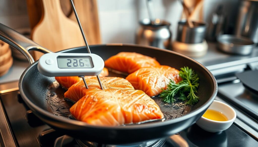 A frying pan sizzling with salmon fillets, their pink flesh showing golden edges, placed on a modern stovetop. In the foreground, a digital thermometer inserted into the thickest part of the fish displays an ideal cooking temperature. The middle ground features a handful of fresh herbs, like dill and parsley, alongside a small bowl of olive oil ready for seasoning. In the background, a softly lit kitchen setting with stainless steel utensils and warm wood accents creates a cozy atmosphere. The lighting is warm and inviting, emphasizing the texture of the fish and the shimmering oil in the pan. The angle captures both the frying pan and the thermometer clearly, giving the viewer a sense of culinary precision and delicious anticipation. A frying pan sizzling with salmon fillets, their pink flesh showing golden edges, placed on a modern stovetop. In the foreground, a digital thermometer inserted into the thickest part of the fish displays an ideal cooking temperature. The middle ground features a handful of fresh herbs, like dill and parsley, alongside a small bowl of olive oil ready for seasoning. In the background, a softly lit kitchen setting with stainless steel utensils and warm wood accents creates a cozy atmosphere. The lighting is warm and inviting, emphasizing the texture of the fish and the shimmering oil in the pan. The angle captures both the frying pan and the thermometer clearly, giving the viewer a sense of culinary precision and delicious anticipation.