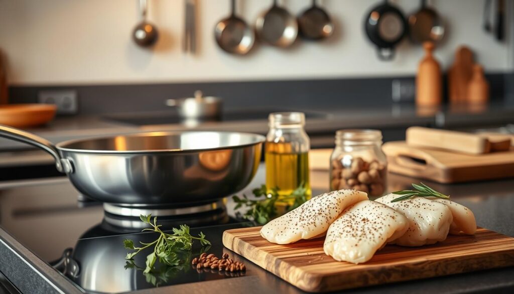 A modern kitchen setting showcasing the process of choosing the right frying pan and fat for cooking chicken fillets. In the foreground, a stainless steel skillet is placed on a sleek stovetop, glistening under warm, natural light. Next to it, a clear glass jar filled with olive oil and a bowl of seasoned chicken fillets are artistically arranged. The middle ground features a few fresh herbs and spices, neatly laid out to illustrate the preparation phase. A wooden cutting board adds a rustic touch, while the background captures a soft-focus view of kitchen essentials, like pots and pans on hanging racks. The atmosphere is inviting and warm, emphasizing a sense of culinary exploration and care. A modern kitchen setting showcasing the process of choosing the right frying pan and fat for cooking chicken fillets. In the foreground, a stainless steel skillet is placed on a sleek stovetop, glistening under warm, natural light. Next to it, a clear glass jar filled with olive oil and a bowl of seasoned chicken fillets are artistically arranged. The middle ground features a few fresh herbs and spices, neatly laid out to illustrate the preparation phase. A wooden cutting board adds a rustic touch, while the background captures a soft-focus view of kitchen essentials, like pots and pans on hanging racks. The atmosphere is inviting and warm, emphasizing a sense of culinary exploration and care.