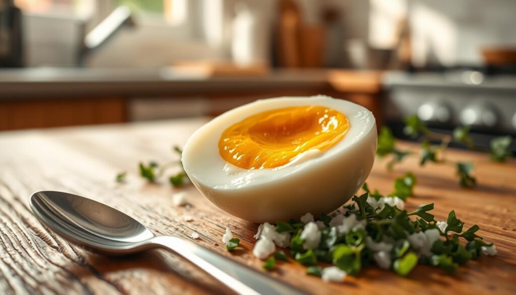 A perfectly cooked soft-boiled egg, sliced in half to reveal its velvety, golden yolk, sitting elegantly on a rustic wooden table. The glossy surface of the egg contrasts beautifully with the rough texture of the wood. In the foreground, a delicate spoon rests beside the egg, glistening in natural light. The middle ground features a light, fluffy bed of freshly chopped herbs, adding a touch of vibrant green. The background includes a soft-focus kitchen environment, with gentle sunlight filtering through a window, casting warm shadows that evoke a cozy atmosphere. The image conveys a sense of warmth and culinary artistry, ideal for illustrating the idea of a perfectly soft-boiled egg.