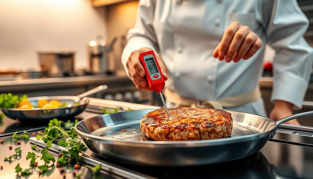 A professional chef in a modern kitchen, dressed in a white chef's jacket and apron, meticulously checking the doneness of a juicy pork meat patty using a digital meat thermometer. The foreground shows the thermometer inserted into the golden-brown, perfectly seared patty on a sleek stainless-steel pan. In the middle ground, there are fresh herbs and spices sprinkled around, creating a vibrant ambiance, while a pan of sautéed vegetables simmers nearby. The background features gleaming kitchen appliances and a soft, warm light illuminating the scene, creating a cozy and inviting atmosphere. The focus is sharp on the meat and thermometer, with a slight bokeh effect on the kitchen background, suggesting professionalism and culinary expertise. A professional chef in a modern kitchen, dressed in a white chef's jacket and apron, meticulously checking the doneness of a juicy pork meat patty using a digital meat thermometer. The foreground shows the thermometer inserted into the golden-brown, perfectly seared patty on a sleek stainless-steel pan. In the middle ground, there are fresh herbs and spices sprinkled around, creating a vibrant ambiance, while a pan of sautéed vegetables simmers nearby. The background features gleaming kitchen appliances and a soft, warm light illuminating the scene, creating a cozy and inviting atmosphere. The focus is sharp on the meat and thermometer, with a slight bokeh effect on the kitchen background, suggesting professionalism and culinary expertise.