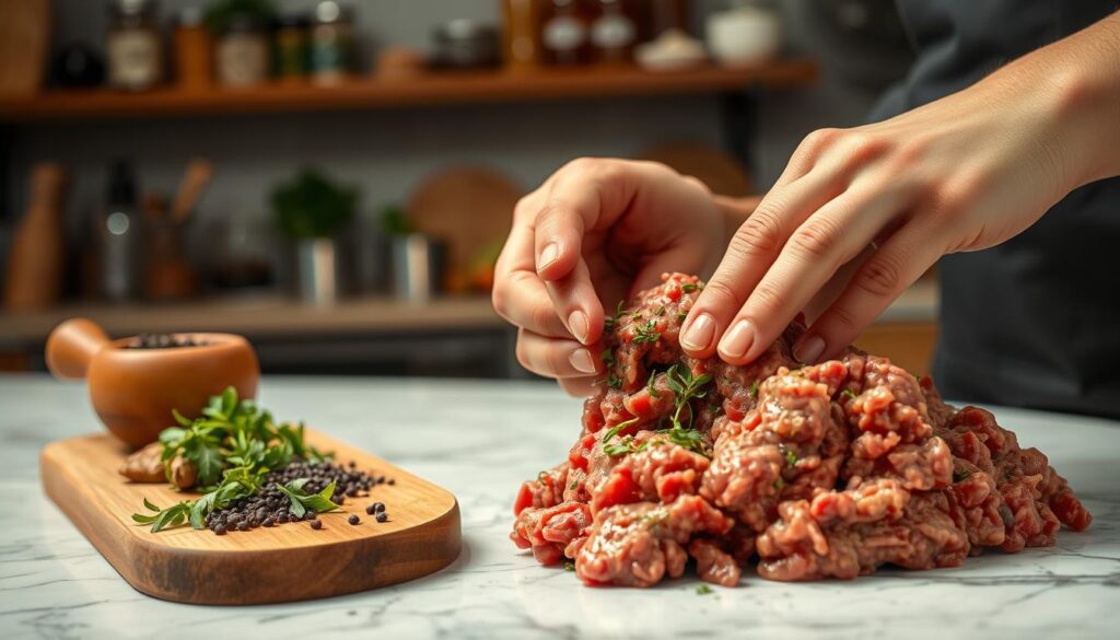 A professional kitchen countertop is the setting, featuring a close-up of ground meat being seasoned with fresh oregano and black pepper. In the foreground, a pair of clean hands gently mix the meat with aromatic herbs, highlighting the mixing process. The middle ground displays a wooden cutting board with spices neatly arranged, and a mortar and pestle used for freshly grinding pepper. The background features blurred kitchen shelves stocked with cooking ingredients, enhancing the culinary atmosphere. Soft, warm lighting illuminates the scene, creating an inviting and homely feel. The focus is sharp on the hands and meat, capturing the essence of preparing flavorful ingredients for a rich spaghetti Bolognese sauce, without any distractions or text. A professional kitchen countertop is the setting, featuring a close-up of ground meat being seasoned with fresh oregano and black pepper. In the foreground, a pair of clean hands gently mix the meat with aromatic herbs, highlighting the mixing process. The middle ground displays a wooden cutting board with spices neatly arranged, and a mortar and pestle used for freshly grinding pepper. The background features blurred kitchen shelves stocked with cooking ingredients, enhancing the culinary atmosphere. Soft, warm lighting illuminates the scene, creating an inviting and homely feel. The focus is sharp on the hands and meat, capturing the essence of preparing flavorful ingredients for a rich spaghetti Bolognese sauce, without any distractions or text.