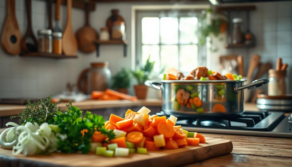 A rustic kitchen scene featuring an aromatic vegetable and meat soup base being prepared. In the foreground, a wooden cutting board with chopped onions, carrots, celery, and fresh herbs like parsley and thyme. A simmering pot on a stove in the middle, showcasing vibrant vegetables and tender chunks of meat, steam rising, conveying warmth. Background elements include hanging kitchen tools, jars of spices, and a window with soft, natural light streaming in, creating a cozy atmosphere. The angle captures the ingredients and pot from a slightly elevated perspective, emphasizing the freshness and appetizing colors of the vegetables. The overall mood is inviting and homely, perfect for a cooking setting. A rustic kitchen scene featuring an aromatic vegetable and meat soup base being prepared. In the foreground, a wooden cutting board with chopped onions, carrots, celery, and fresh herbs like parsley and thyme. A simmering pot on a stove in the middle, showcasing vibrant vegetables and tender chunks of meat, steam rising, conveying warmth. Background elements include hanging kitchen tools, jars of spices, and a window with soft, natural light streaming in, creating a cozy atmosphere. The angle captures the ingredients and pot from a slightly elevated perspective, emphasizing the freshness and appetizing colors of the vegetables. The overall mood is inviting and homely, perfect for a cooking setting.