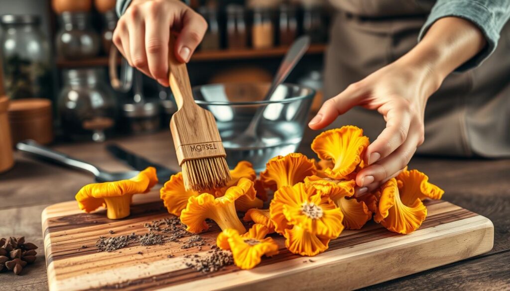 A rustic kitchen scene featuring the cleaning of edible chanterelle mushrooms. In the foreground, a wooden cutting board holds freshly picked chanterelles, their vibrant yellow-orange color highlighted under soft, warm lighting. A pair of hands, wearing modest casual attire, gently brush the dirt off the mushrooms with a small, natural bristle brush. In the middle ground, a bowl filled with fresh water is placed alongside utensils for mushroom preparation, emphasizing the care taken in the cleaning process. The background shows shelves stocked with clear glass jars of spices and herbs, contributing to a cozy, inviting atmosphere. The overall mood is warm and earthy, capturing the essence of preparing fresh ingredients for cooking. The shot is taken from a slightly elevated angle, creating depth and focus on the mushrooms.