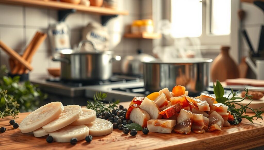 A rustic kitchen scene featuring the preparation of white sausage and bacon for żurek. In the foreground, a wooden cutting board holds sliced white sausage and cubes of smoky bacon, both glistening with a hint of oil. Fresh herbs and spices are artfully scattered around, including black peppercorns and bay leaves. In the middle ground, a pot sits on a stove, steam rising gently, hinting at warmth and aroma. The background showcases soft, natural light streaming through a window, illuminating a shelf filled with traditional Polish ingredients like rye flour and garlic. The atmosphere is inviting and cozy, capturing the essence of homemade cooking, perfect for a festive Easter table. A rustic kitchen scene featuring the preparation of white sausage and bacon for żurek. In the foreground, a wooden cutting board holds sliced white sausage and cubes of smoky bacon, both glistening with a hint of oil. Fresh herbs and spices are artfully scattered around, including black peppercorns and bay leaves. In the middle ground, a pot sits on a stove, steam rising gently, hinting at warmth and aroma. The background showcases soft, natural light streaming through a window, illuminating a shelf filled with traditional Polish ingredients like rye flour and garlic. The atmosphere is inviting and cozy, capturing the essence of homemade cooking, perfect for a festive Easter table.