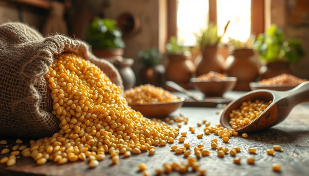 A rustic kitchen setting featuring a close-up of a burlap sack overflowing with fresh, golden millet grains, known as kasza jaglana. The foreground captures the texture and color of the millet, showcasing its shiny, plump appearance. In the middle ground, a wooden scoop lies next to the sack, with a scattering of grains across the rustic wooden table. In the background, soft, warm lighting filters through a window, highlighting a few potted herbs and traditional kitchen utensils, creating a cozy atmosphere. The overall mood is inviting and homey, emphasizing freshness and care in food selection. Capture this scene with a shallow depth of field to emphasize the millet while gently blurring the background. A rustic kitchen setting featuring a close-up of a burlap sack overflowing with fresh, golden millet grains, known as kasza jaglana. The foreground captures the texture and color of the millet, showcasing its shiny, plump appearance. In the middle ground, a wooden scoop lies next to the sack, with a scattering of grains across the rustic wooden table. In the background, soft, warm lighting filters through a window, highlighting a few potted herbs and traditional kitchen utensils, creating a cozy atmosphere. The overall mood is inviting and homey, emphasizing freshness and care in food selection. Capture this scene with a shallow depth of field to emphasize the millet while gently blurring the background.
