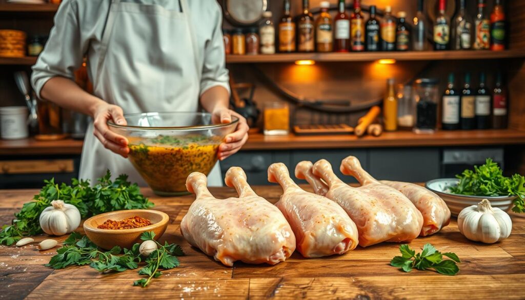 A rustic kitchen setting with a wooden countertop filled with various ingredients for marinating chicken drumsticks. In the foreground, a chef in a simple white apron is preparing a marinade in a large bowl, mixing spices and herbs with olive oil and lemon juice. Surrounding the chef are fresh herbs, garlic cloves, and a small dish of salt. In the middle, several raw chicken drumsticks are neatly arranged, ready for coating. The background features shelves filled with cooking utensils and spices, illuminated by warm, soft overhead lighting, creating a cozy atmosphere. The scene captures the meticulous process of marinating, emphasizing the juiciness and tenderness of the chicken, evoking a mood of culinary delight and anticipation. A rustic kitchen setting with a wooden countertop filled with various ingredients for marinating chicken drumsticks. In the foreground, a chef in a simple white apron is preparing a marinade in a large bowl, mixing spices and herbs with olive oil and lemon juice. Surrounding the chef are fresh herbs, garlic cloves, and a small dish of salt. In the middle, several raw chicken drumsticks are neatly arranged, ready for coating. The background features shelves filled with cooking utensils and spices, illuminated by warm, soft overhead lighting, creating a cozy atmosphere. The scene captures the meticulous process of marinating, emphasizing the juiciness and tenderness of the chicken, evoking a mood of culinary delight and anticipation.