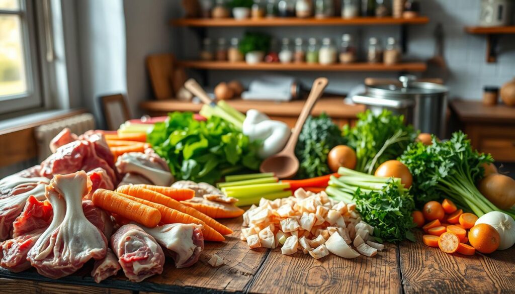 A rustic wooden kitchen table filled with an assortment of raw meats and fresh vegetables, including carrots, celery, and onions, all prepared for making traditional Polish broth. In the foreground, the meats are neatly arranged, showcasing a mix of bones and cuts, while the vibrant vegetables are washed and chopped. Light filters in from a nearby window, casting a warm, natural glow on the scene. In the middle ground, a set of traditional utensils like a wooden spoon and a sharp knife are present, emphasizing the preparation process. The background features softly blurred shelves stocked with spices and herbs, adding depth to the image. The overall mood is inviting and homely, reflecting the essence of cooking with care and tradition.