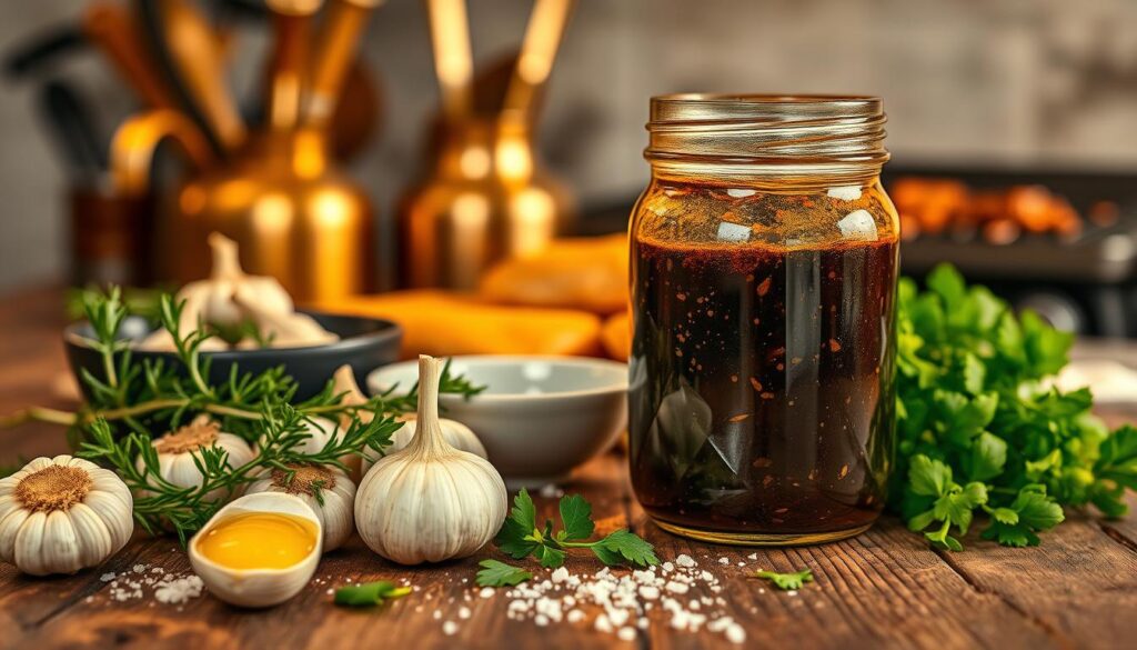 A rustic wooden table set in a warm, softly lit kitchen. In the foreground, an assortment of vibrant ingredients for an aromatic chicken marinade: fresh garlic cloves, sprigs of rosemary, bright green parsley, a bowl of olive oil, and a sprinkle of sea salt. In the middle ground, a glass jar filled with a dark, rich marinade, showcasing flecks of black pepper and chili flakes. The background features blurred brass utensils and a hint of a sizzling grill, evoking a cozy cooking atmosphere. The lighting is warm and inviting, casting gentle shadows that enhance the textures of the ingredients, creating a mouth-watering scene ideal for a culinary article.