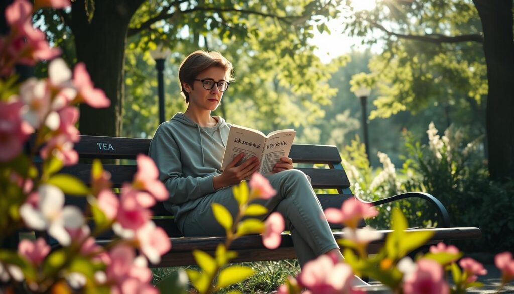 A serene, contemplative scene depicting a person sitting on a wooden bench in a sunlit park, surrounded by blooming flowers and lush greenery. The individual, dressed in modest casual clothing, reflects thoughtfully while holding an open book titled "Jak smakować życie." In the foreground, vibrant petals and leaves create a soft frame, while in the middle ground, the person is engaged in the act of savoring life, symbolized by delicate elements like a steaming cup of tea beside them. The background features gentle sunlight filtering through the trees, casting dappled shadows, enhancing the tranquil atmosphere. Shot from a slightly elevated angle to give a sense of immersion, evoking feelings of mindfulness and appreciation for life's simple pleasures. A serene, contemplative scene depicting a person sitting on a wooden bench in a sunlit park, surrounded by blooming flowers and lush greenery. The individual, dressed in modest casual clothing, reflects thoughtfully while holding an open book titled "Jak smakować życie." In the foreground, vibrant petals and leaves create a soft frame, while in the middle ground, the person is engaged in the act of savoring life, symbolized by delicate elements like a steaming cup of tea beside them. The background features gentle sunlight filtering through the trees, casting dappled shadows, enhancing the tranquil atmosphere. Shot from a slightly elevated angle to give a sense of immersion, evoking feelings of mindfulness and appreciation for life's simple pleasures.