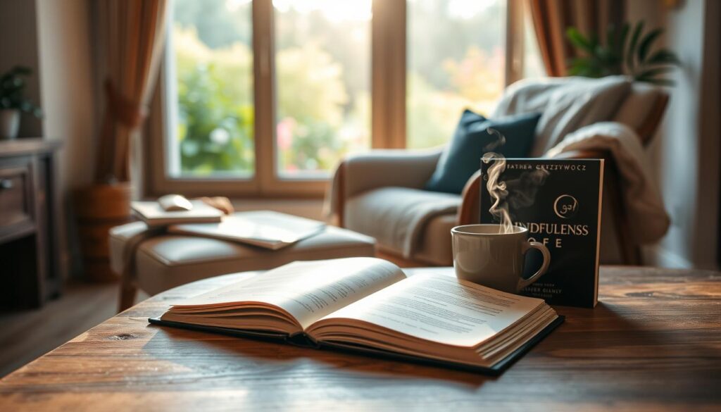 A serene, cozy scene featuring the book by Father Krzysztof Grzywocz on mindfulness. In the foreground, an open paperback book rests on a stylish wooden coffee table, its pages slightly turned, inviting readers to explore its contents. A steaming cup of tea or coffee sits next to the book, sending gentle wisps of steam into the air. In the middle ground, a comfortable armchair with a soft throw blanket adds warmth to the setting. In the background, a well-lit window reveals a lush garden, with sunlight streaming in, creating a peaceful and calming atmosphere. The warm colors and soft focus evoke a sense of tranquility, encouraging a moment of reflection and mindfulness as one savors life daily. A serene, cozy scene featuring the book by Father Krzysztof Grzywocz on mindfulness. In the foreground, an open paperback book rests on a stylish wooden coffee table, its pages slightly turned, inviting readers to explore its contents. A steaming cup of tea or coffee sits next to the book, sending gentle wisps of steam into the air. In the middle ground, a comfortable armchair with a soft throw blanket adds warmth to the setting. In the background, a well-lit window reveals a lush garden, with sunlight streaming in, creating a peaceful and calming atmosphere. The warm colors and soft focus evoke a sense of tranquility, encouraging a moment of reflection and mindfulness as one savors life daily.