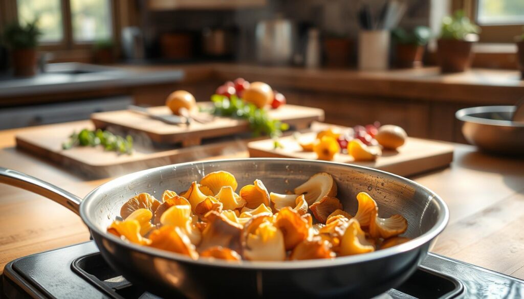 A serene kitchen scene highlighting the careful process of sautéing chanterelle mushrooms, emphasizing moisture control. In the foreground, a stainless steel skillet sizzles with golden, perfectly sautéed chanterelles, their delicate texture and rich, earthy colors glistening. Soft, diffused sunlight streams in from a nearby window, creating warm highlights on the mushrooms and casting gentle shadows. In the middle ground, a wooden cutting board displays fresh herbs and spices, adding vibrant hints of green and red. The background reveals a cozy kitchen setting, with rustic wood cabinetry and herb pots, suggesting a homey atmosphere. The entire scene conveys a sense of culinary artistry, warmth, and attention to detail, inviting the viewer to learn about preserving flavors while cooking.