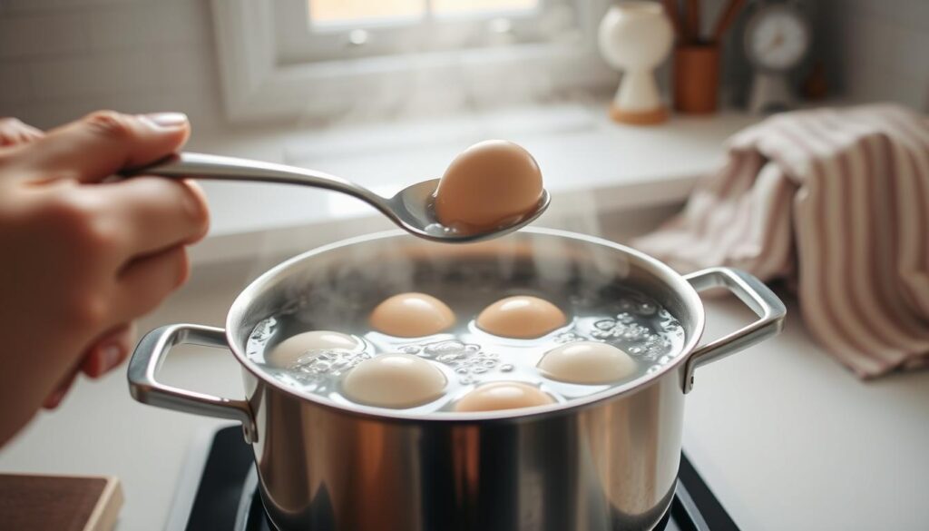 A serene kitchen setting featuring a pot of boiling water on the stove, with several eggs gently floating on the surface, showcasing various techniques to prevent shell cracking while cooking. In the foreground, a hand is holding a slotted spoon, carefully lowering an egg into the pot. The middle of the image captures the bubbling water, steam rising gracefully into the air, creating a warm atmosphere. The background includes a well-organized countertop with kitchen tools like a timer and a dish towel. Soft, natural lighting filters in through a window, casting gentle reflections on the stainless steel pot. The overall mood is calm and inviting, emphasizing a sense of culinary mastery and tranquility. A serene kitchen setting featuring a pot of boiling water on the stove, with several eggs gently floating on the surface, showcasing various techniques to prevent shell cracking while cooking. In the foreground, a hand is holding a slotted spoon, carefully lowering an egg into the pot. The middle of the image captures the bubbling water, steam rising gracefully into the air, creating a warm atmosphere. The background includes a well-organized countertop with kitchen tools like a timer and a dish towel. Soft, natural lighting filters in through a window, casting gentle reflections on the stainless steel pot. The overall mood is calm and inviting, emphasizing a sense of culinary mastery and tranquility.