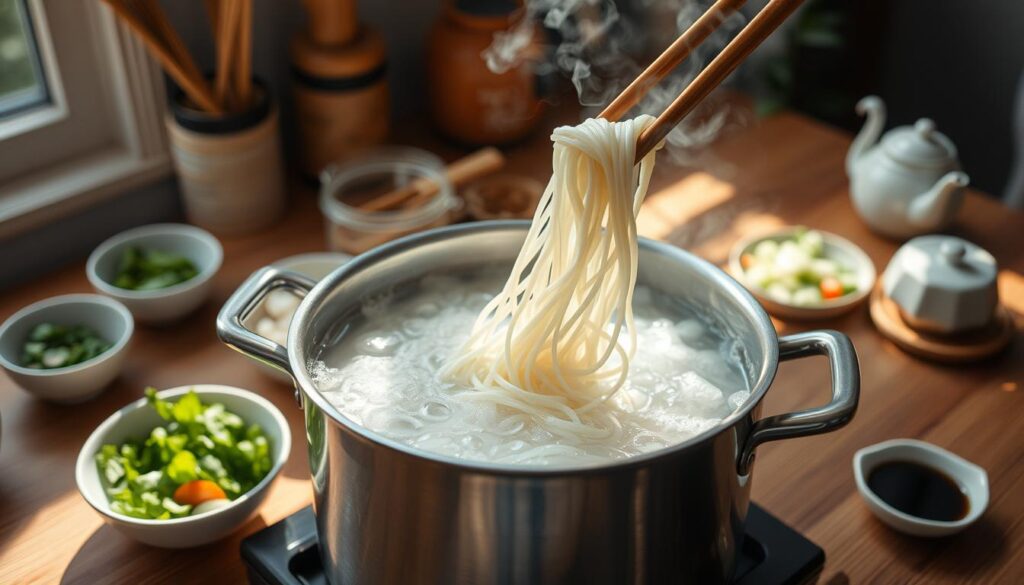 A stainless steel pot filled with boiling water, steam rising as rice noodles are being gently submerged with chopsticks. The focus is on the vibrant white noodles, curling and softening in the bubbling water. Surrounding the pot, a wooden kitchen table displays bowls of fresh herbs, sliced vegetables, and a small dish of soy sauce for later use. Soft, natural light pours through a nearby window, casting gentle shadows and creating a warm, inviting atmosphere. The background offers hints of an Asian-inspired kitchen, with bamboo utensils and a delicate tea set, adding cultural depth without overwhelming the scene. The composition evokes a sense of tranquility and focus, ideal for the cooking process. A stainless steel pot filled with boiling water, steam rising as rice noodles are being gently submerged with chopsticks. The focus is on the vibrant white noodles, curling and softening in the bubbling water. Surrounding the pot, a wooden kitchen table displays bowls of fresh herbs, sliced vegetables, and a small dish of soy sauce for later use. Soft, natural light pours through a nearby window, casting gentle shadows and creating a warm, inviting atmosphere. The background offers hints of an Asian-inspired kitchen, with bamboo utensils and a delicate tea set, adding cultural depth without overwhelming the scene. The composition evokes a sense of tranquility and focus, ideal for the cooking process.