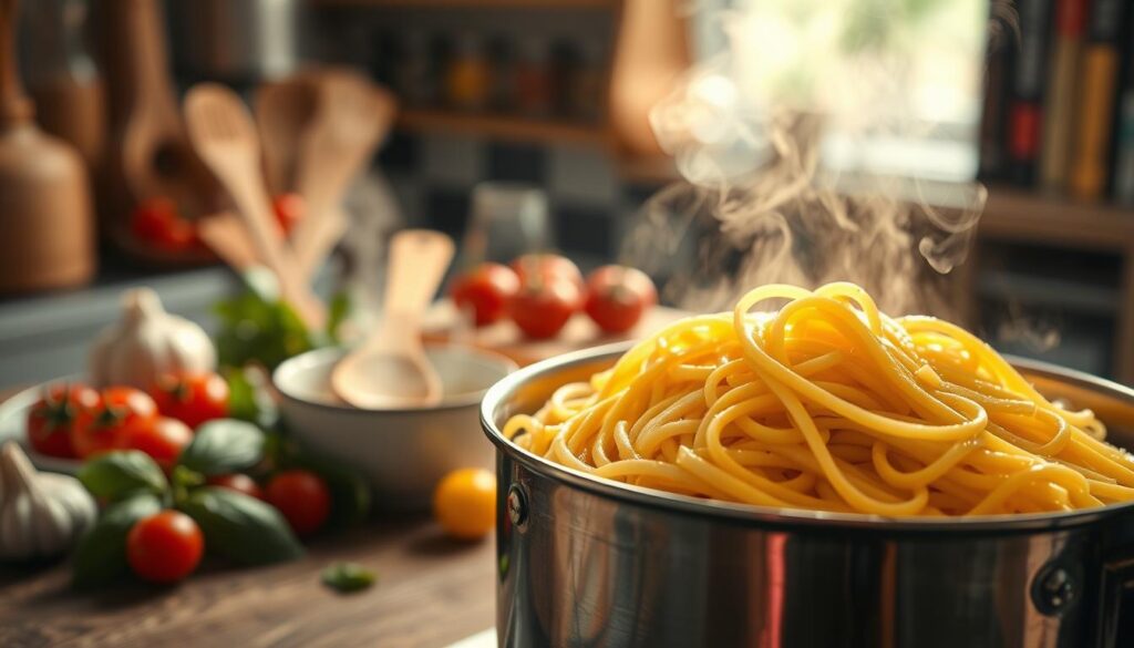 A steaming pot of perfectly cooked al dente pasta sits prominently in the foreground, with the strands glistening under warm kitchen light. The pasta is surrounded by fresh ingredients: a vibrant array of colorful vegetables like cherry tomatoes, basil, and garlic scattered artfully nearby. In the middle ground, a wooden spoon and a bowl of olive oil reflect a cozy, inviting cooking space. The background features blurred kitchen shelves adorned with spices and cookbooks, hinting at a culinary atmosphere. Soft, diffused lighting enhances the warmth of the scene, creating a homely, appetizing vibe. The angle captures the scene from slightly above, focusing on the texture of the pasta and the surrounding ingredients, evoking a sense of comfort and skill in cooking. A steaming pot of perfectly cooked al dente pasta sits prominently in the foreground, with the strands glistening under warm kitchen light. The pasta is surrounded by fresh ingredients: a vibrant array of colorful vegetables like cherry tomatoes, basil, and garlic scattered artfully nearby. In the middle ground, a wooden spoon and a bowl of olive oil reflect a cozy, inviting cooking space. The background features blurred kitchen shelves adorned with spices and cookbooks, hinting at a culinary atmosphere. Soft, diffused lighting enhances the warmth of the scene, creating a homely, appetizing vibe. The angle captures the scene from slightly above, focusing on the texture of the pasta and the surrounding ingredients, evoking a sense of comfort and skill in cooking.