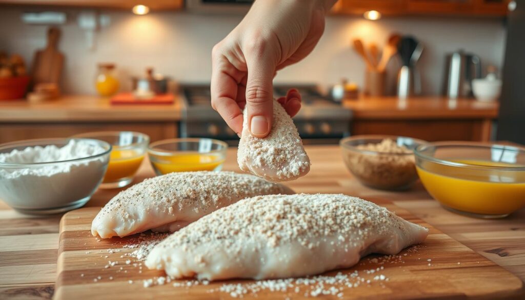 A step-by-step visual guide for breading chicken fillets. In the foreground, a pair of seasoned chicken fillets are placed on a wooden cutting board, accompanied by bowls filled with flour, beaten eggs, and breadcrumbs, each labeled clearly for clarity. In the middle, a focused hand gently dips a fillet into the flour, emphasizing the action of coating the meat. The background features a well-lit kitchen setting, with warm, soft lighting reflecting off polished countertops and kitchen utensils. The atmosphere is inviting and homey, evoking a sense of culinary craft. Shot from a slightly elevated angle to capture the process, ensuring all elements are clearly visible without distractions, creating an engaging and informative composition. A step-by-step visual guide for breading chicken fillets. In the foreground, a pair of seasoned chicken fillets are placed on a wooden cutting board, accompanied by bowls filled with flour, beaten eggs, and breadcrumbs, each labeled clearly for clarity. In the middle, a focused hand gently dips a fillet into the flour, emphasizing the action of coating the meat. The background features a well-lit kitchen setting, with warm, soft lighting reflecting off polished countertops and kitchen utensils. The atmosphere is inviting and homey, evoking a sense of culinary craft. Shot from a slightly elevated angle to capture the process, ensuring all elements are clearly visible without distractions, creating an engaging and informative composition.