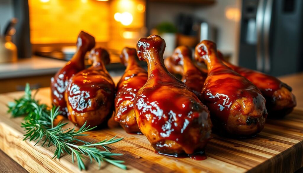 A succulent arrangement of barbecue chicken drumsticks, beautifully glazed and caramelized, resting on a rustic wooden cutting board. The drumsticks are perfectly roasted, showcasing their crispy skin and rich barbecue sauce, glistening under warm kitchen lighting. In the background, an inviting home kitchen can be seen, with an oven in use, emitting a soft golden glow that enhances the cozy atmosphere. Fresh herbs, like rosemary and parsley, are scattered around for added color and freshness. The composition should focus on highlighting the delicious details of the chicken, with a shallow depth of field that blurs the background softly, creating a warm and inviting mood, ideal for a cooking feature. A succulent arrangement of barbecue chicken drumsticks, beautifully glazed and caramelized, resting on a rustic wooden cutting board. The drumsticks are perfectly roasted, showcasing their crispy skin and rich barbecue sauce, glistening under warm kitchen lighting. In the background, an inviting home kitchen can be seen, with an oven in use, emitting a soft golden glow that enhances the cozy atmosphere. Fresh herbs, like rosemary and parsley, are scattered around for added color and freshness. The composition should focus on highlighting the delicious details of the chicken, with a shallow depth of field that blurs the background softly, creating a warm and inviting mood, ideal for a cooking feature.