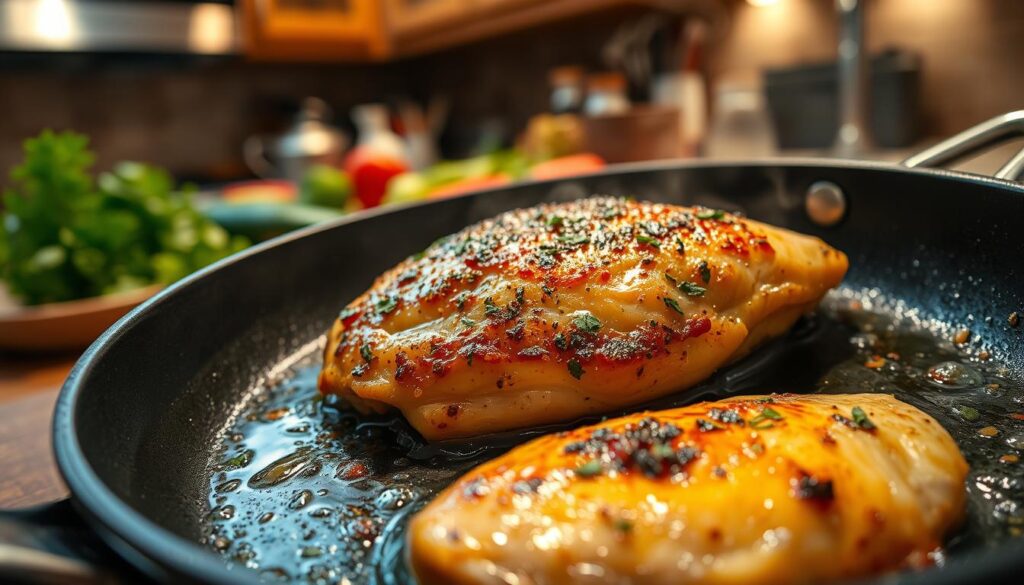 A succulent chicken breast sizzling in a non-stick skillet, surrounded by a burst of fragrant herbs and spices. The chicken is golden brown with crispy edges, glistening with a light sheen of oil. Juicy steam rises from the skillet, capturing the mouth-watering aroma of a delicious meal in the making. In the background, a cozy kitchen with warm lighting, wooden cabinets, and fresh vegetables laid out for sides adds to the inviting atmosphere. The angle is slightly overhead, focusing on the pan with the chicken in the foreground, while the background blurs softly to emphasize the cooking process. The overall mood is warm and inviting, evoking a sense of home-cooked comfort.