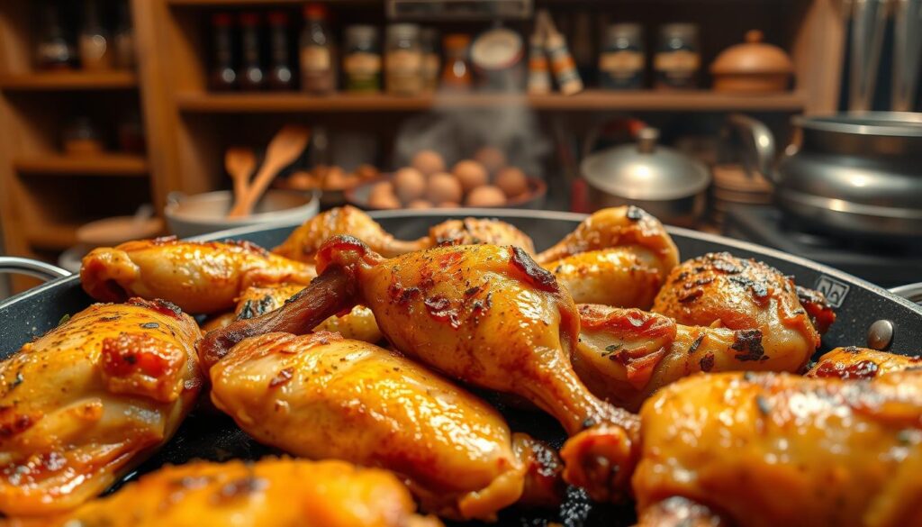 A tantalizing array of perfectly cooked chicken pieces sizzling in a skilful pan, showcasing varying colors and textures. Foreground: close-up of juicy chicken thighs and drumsticks, their golden-brown crust glistening with herbs and spices. Middle: a frying pan over a flame, with steam rising, creating an inviting atmosphere. Background: a rustic kitchen setting with wooden shelves filled with spices and cooking tools, warmly lit by soft, ambient light. The scene evokes a sense of warmth and home-cooked meals, with a focus on the deliciousness and care in cooking chicken. The perspective is a slightly tilted overhead view, emphasizing the texture of the meat and the intensity of the cooking process, capturing the essence of culinary expertise. A tantalizing array of perfectly cooked chicken pieces sizzling in a skilful pan, showcasing varying colors and textures. Foreground: close-up of juicy chicken thighs and drumsticks, their golden-brown crust glistening with herbs and spices. Middle: a frying pan over a flame, with steam rising, creating an inviting atmosphere. Background: a rustic kitchen setting with wooden shelves filled with spices and cooking tools, warmly lit by soft, ambient light. The scene evokes a sense of warmth and home-cooked meals, with a focus on the deliciousness and care in cooking chicken. The perspective is a slightly tilted overhead view, emphasizing the texture of the meat and the intensity of the cooking process, capturing the essence of culinary expertise.