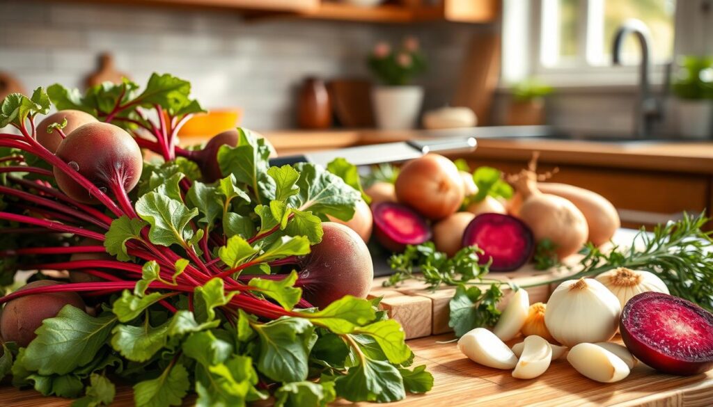 A vibrant and colorful arrangement of fresh ingredients for traditional beetroot soup, known as "zupa z botwiny." In the foreground, display fresh young beetroots with their leafy greens, onions, and potatoes, all glistening with morning dew. In the middle, include a rustic cutting board with a chef's knife, some chopped herbs, and garlic cloves. The background features a soft-focus kitchen setting with natural sunlight streaming in through a window, casting a warm, inviting glow over the scene. Use a shallow depth of field to highlight the ingredients while softly blurring the kitchen elements, creating a cozy and fresh springtime atmosphere. The composition should feel harmonious, celebrating the seasonal produce used for the soup. A vibrant and colorful arrangement of fresh ingredients for traditional beetroot soup, known as "zupa z botwiny." In the foreground, display fresh young beetroots with their leafy greens, onions, and potatoes, all glistening with morning dew. In the middle, include a rustic cutting board with a chef's knife, some chopped herbs, and garlic cloves. The background features a soft-focus kitchen setting with natural sunlight streaming in through a window, casting a warm, inviting glow over the scene. Use a shallow depth of field to highlight the ingredients while softly blurring the kitchen elements, creating a cozy and fresh springtime atmosphere. The composition should feel harmonious, celebrating the seasonal produce used for the soup.