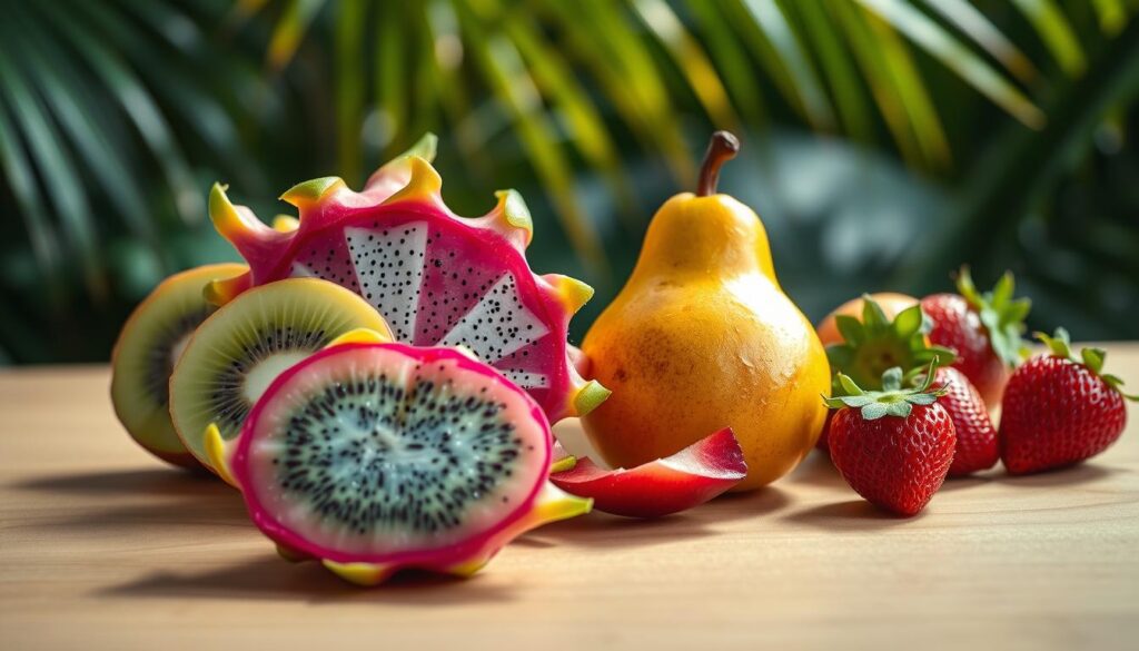 A vibrant and colorful depiction of a dragon fruit, compared to a kiwi, pear, and strawberry, placed artistically on a smooth wooden table. In the foreground, the dragon fruit showcases its striking pink skin and green-tipped scales, surrounded by slices of kiwi with bright green flesh, a juicy pear glistening with dew drops, and fresh red strawberries with their green tops. The middle ground features soft, natural lighting creating gentle shadows, highlighting the textures of the fruits. The background is softly blurred, suggesting a lush tropical setting with hints of palm leaves. The overall mood is fresh and inviting, emphasizing a sense of summer and exotic flavors, perfect for illustrating a discussion about taste and texture. A vibrant and colorful depiction of a dragon fruit, compared to a kiwi, pear, and strawberry, placed artistically on a smooth wooden table. In the foreground, the dragon fruit showcases its striking pink skin and green-tipped scales, surrounded by slices of kiwi with bright green flesh, a juicy pear glistening with dew drops, and fresh red strawberries with their green tops. The middle ground features soft, natural lighting creating gentle shadows, highlighting the textures of the fruits. The background is softly blurred, suggesting a lush tropical setting with hints of palm leaves. The overall mood is fresh and inviting, emphasizing a sense of summer and exotic flavors, perfect for illustrating a discussion about taste and texture.